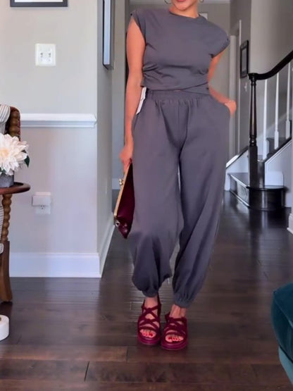 Short Sleeveless Top Sweatpants With Pockets Casual Set