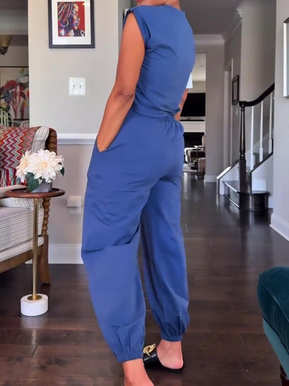 Short Sleeveless Top Sweatpants With Pockets Casual Set