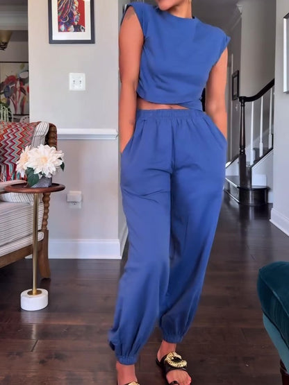 Short Sleeveless Top Sweatpants With Pockets Casual Set