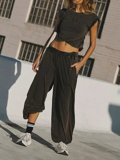 Short Sleeveless Top Sweatpants With Pockets Casual Set