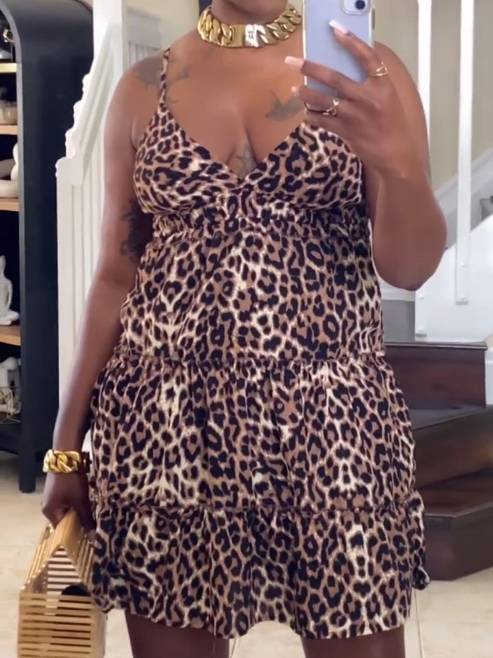 V-neck Ruffled Leopard Print Cami Dress