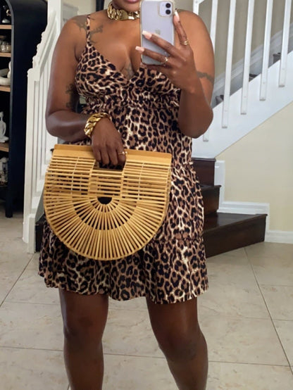 V-neck Ruffled Leopard Print Cami Dress