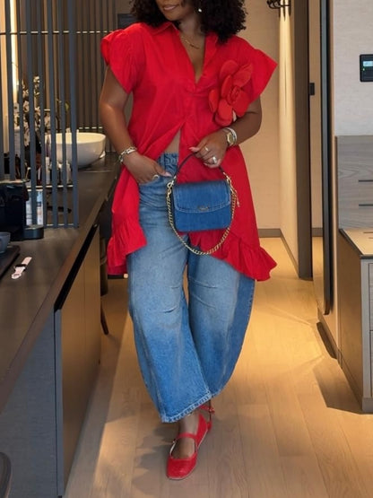 Irregular Ruffle Hem Flower Button Down Loose Shirt Dress