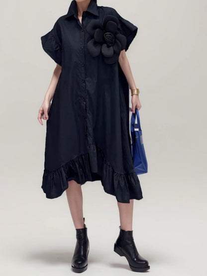 Irregular Ruffle Hem Flower Button Down Loose Shirt Dress