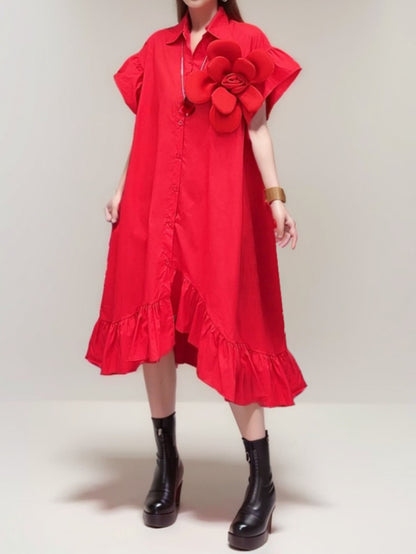 Irregular Ruffle Hem Flower Button Down Loose Shirt Dress