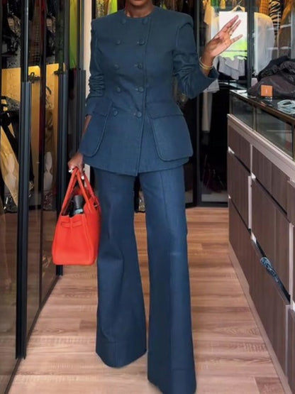Double Breasted Denim Blazer Flared Jeans Set