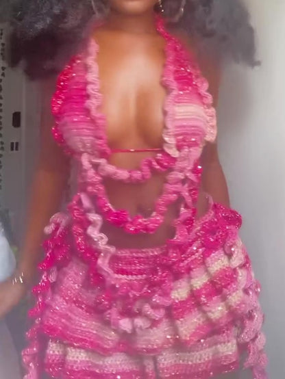 Crochet Hangneck Top And Mini Skirt Set