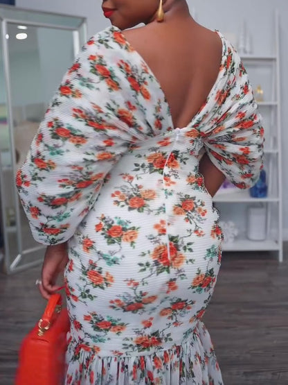 V-neck Puffed Sleeve Printed Fishtail Dress