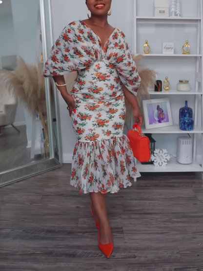 V-neck Puffed Sleeve Printed Fishtail Dress