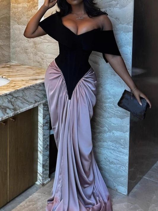 Bat Short Sleeve Spliced Solid Colour Dress