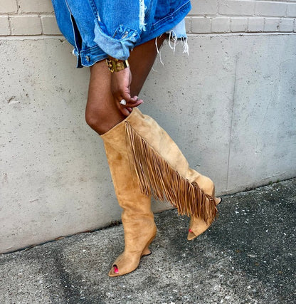 Western Cowboy Suede Fringe Boots