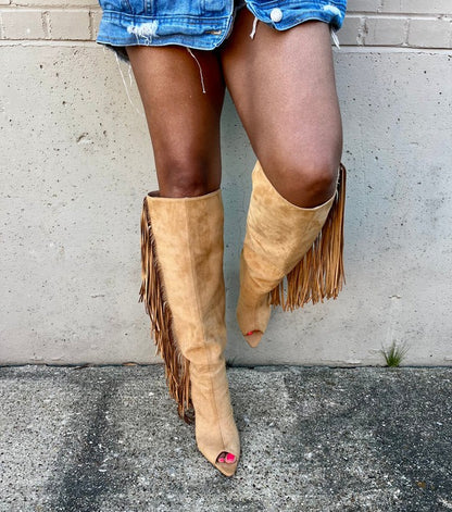 Western Cowboy Suede Fringe Boots