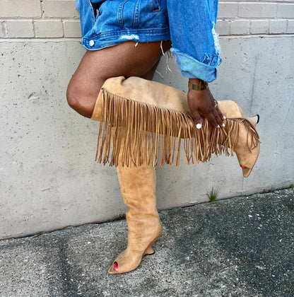 Western Cowboy Suede Fringe Boots