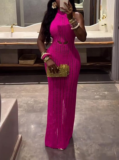 Elegant High Neck Crochet Maxi Dress