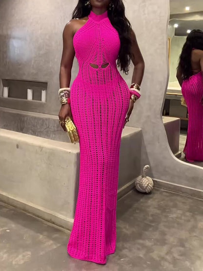 Elegant High Neck Crochet Maxi Dress