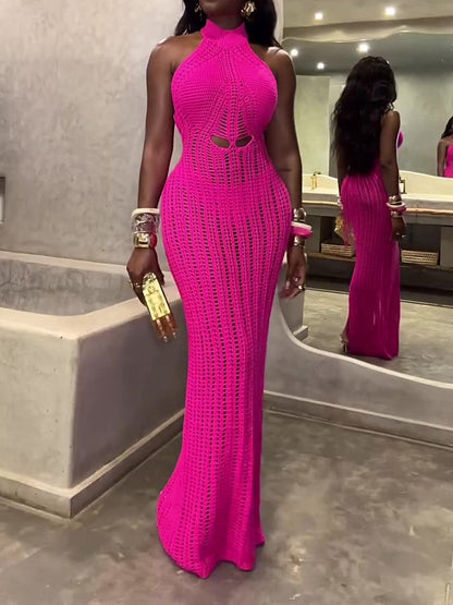 Elegant High Neck Crochet Maxi Dress