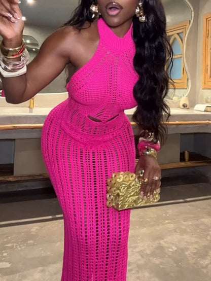 Elegant High Neck Crochet Maxi Dress