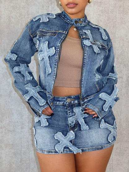Embroidered Jacket Short Skirt Denim Set