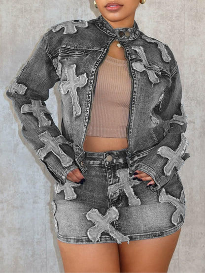 Embroidered Jacket Short Skirt Denim Set