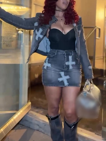 Embroidered Jacket Short Skirt Denim Set