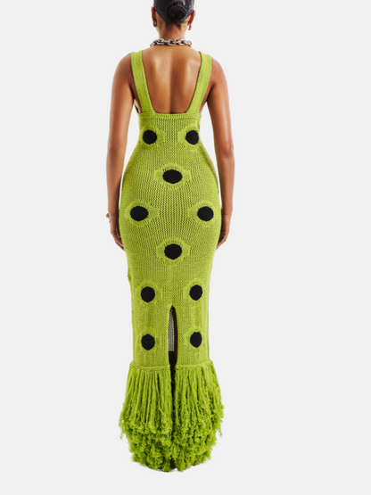 V-neck Fitted Polka Dot Knitted Maxi Dress