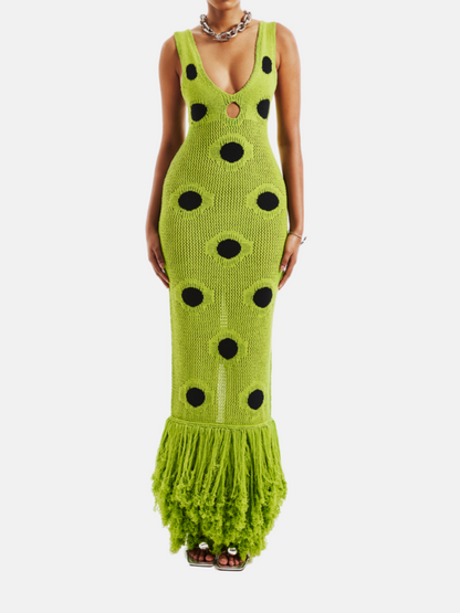 V-neck Fitted Polka Dot Knitted Maxi Dress