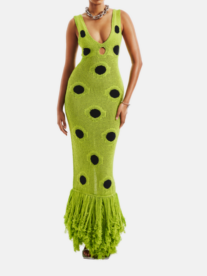 V-neck Fitted Polka Dot Knitted Maxi Dress