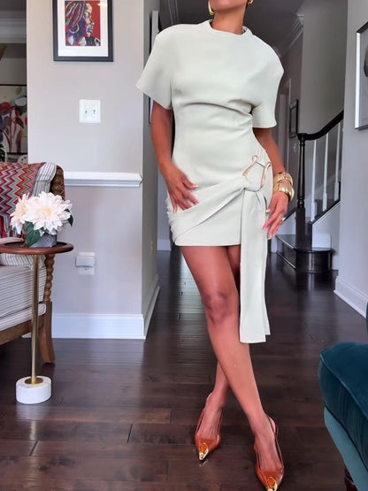 Round Neck Short Dress With Metal Buckle Embellishment