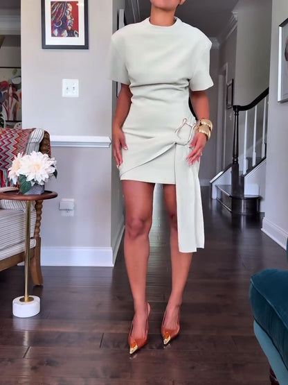 Round Neck Short Dress With Metal Buckle Embellishment