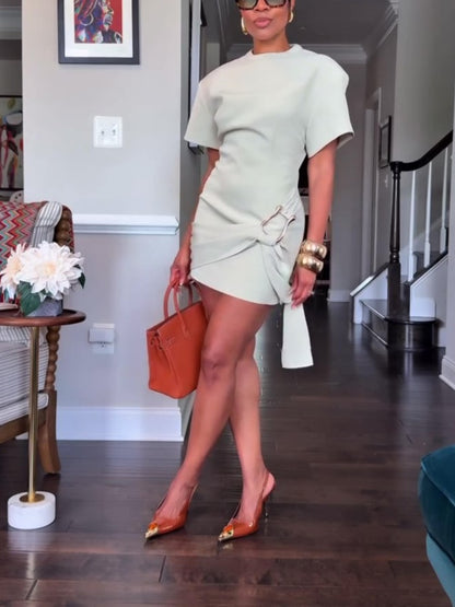 Round Neck Short Dress With Metal Buckle Embellishment