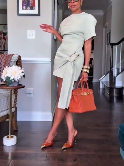 Round Neck Short Dress With Metal Buckle Embellishment