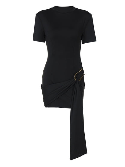 Round Neck Short Dress With Metal Buckle Embellishment