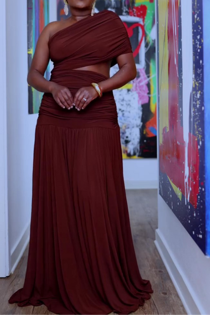 Sleeveless One-shoulder Waist-baring Maxi Dress