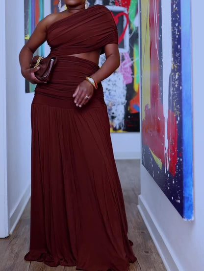 Sleeveless One-shoulder Waist-baring Maxi Dress