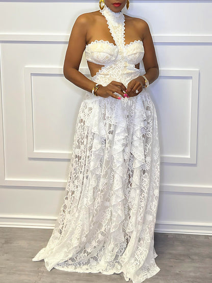 White Garden Lace Halter Maxi Dress