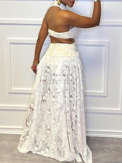 White Garden Lace Halter Maxi Dress