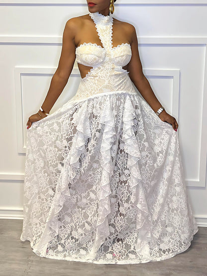 White Garden Lace Halter Maxi Dress