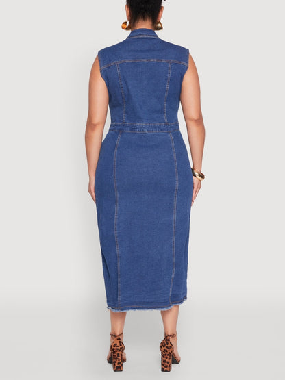 Sleeveless Button-Down Denim Shirt Dress