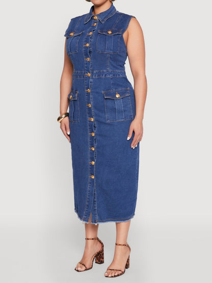 Sleeveless Button-Down Denim Shirt Dress