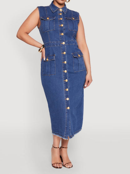 Sleeveless Button-Down Denim Shirt Dress