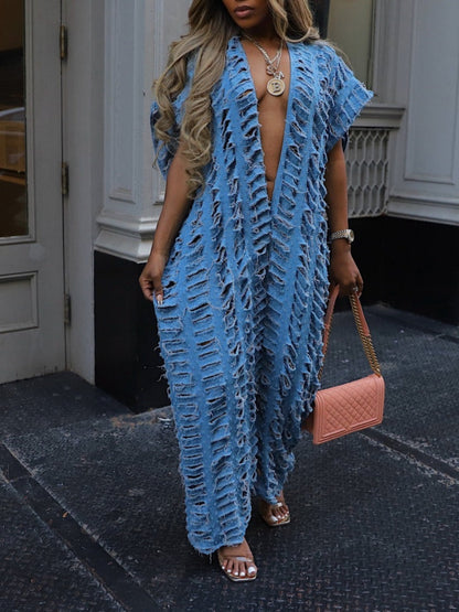 Deep V Ripped Wide Leg Jeans Jumpsuit