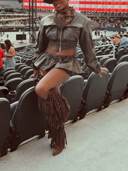Cowboy Style Leather Jacket Skirt Two Piece Set