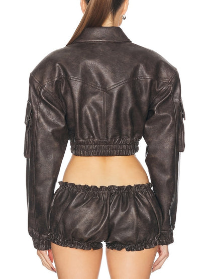 Cowboy Style Leather Jacket Skirt Two Piece Set
