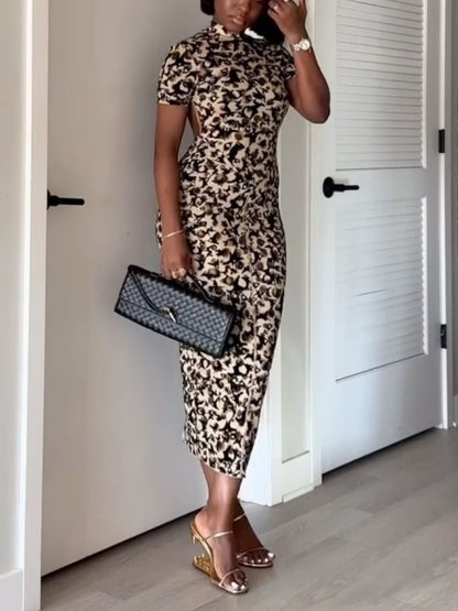 Leopard Print Backless Slim Dress