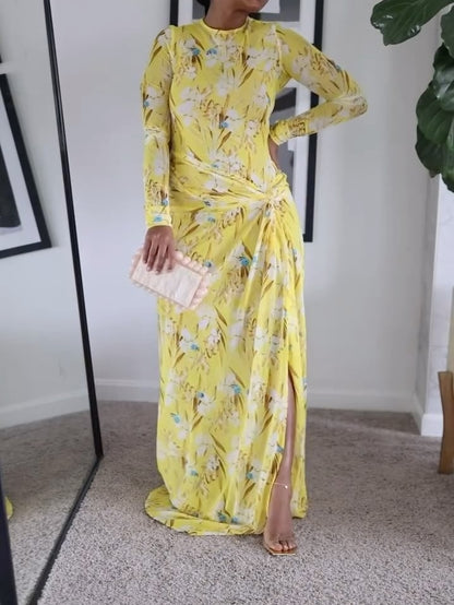 Round Neck Mesh Side Split Maxi Dress