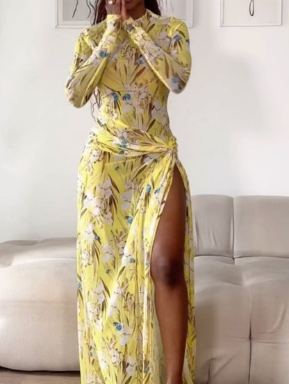 Round Neck Mesh Side Split Maxi Dress