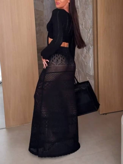 Knitted Hollow Long Skirt Set