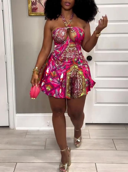 Summer Hanging Neck Suspender Short Skirt Set