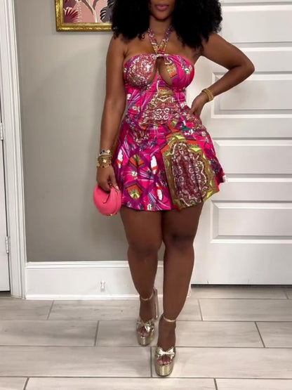 Summer Hanging Neck Suspender Short Skirt Set