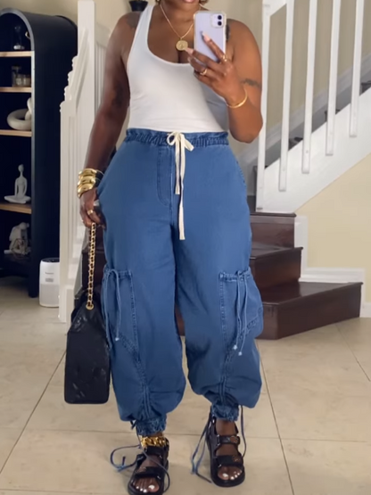 Elasticated Waist Drawstring Tie Drawstring Straight Leg Jeans